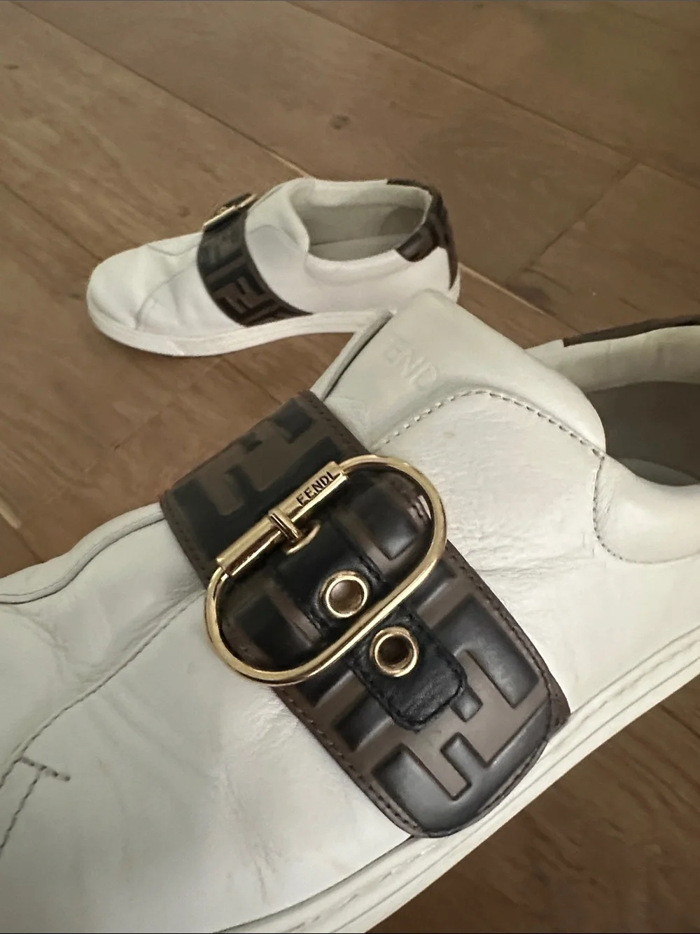 Fendi White Leather Sneakers with Brown FF Logo Strap and Gold Buckle